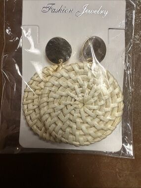 Fashion Jewelry Cream Woven Disc Drop Earrings with Gold-Tone Studs
